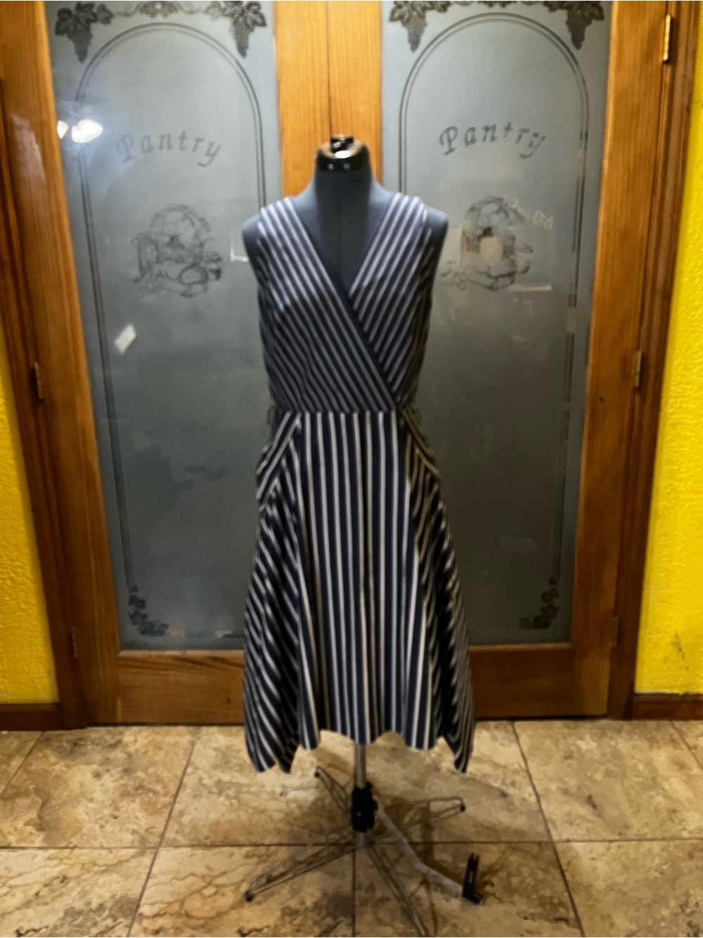 Lafayette 148 New York Navy and White Striped Midi Wrap Dress